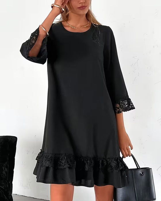 Robe Col Rond Manche Demi-Longue Dentelle Patchwork