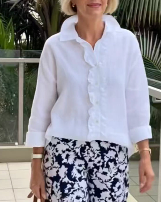 Chemisier À Volants Manches Longues Unie À Col