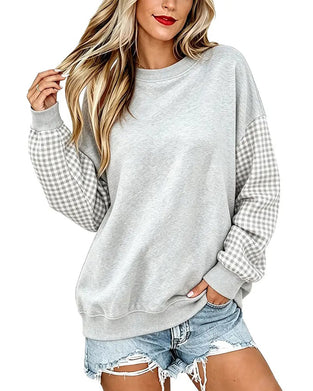 Sweatshirt Col Rond Écossais Patchwork Uni