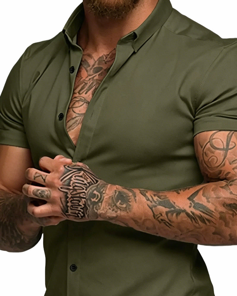 Chemise Haute Élasticité Revers Manches Courtes Homme