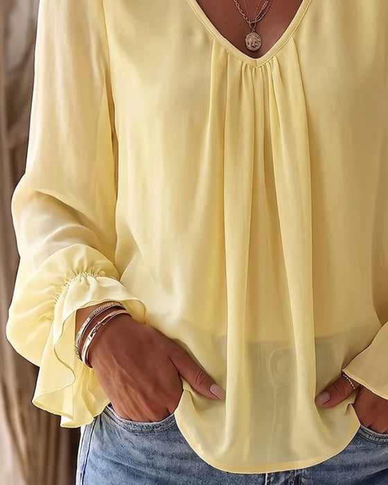 Blouse Col En V Froncée Manches Ballon Volant