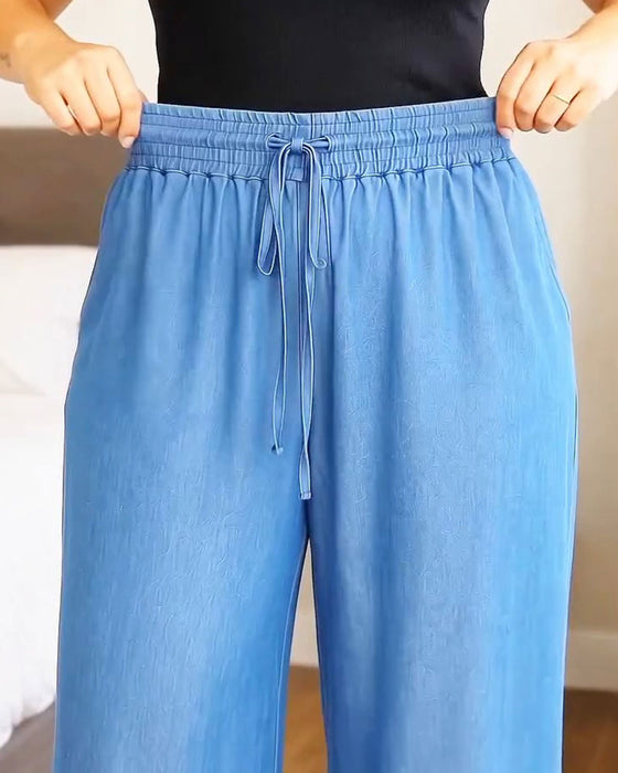 Pantalon Taille Élastique Cordon De Serrage Unie Large Jambe Long
