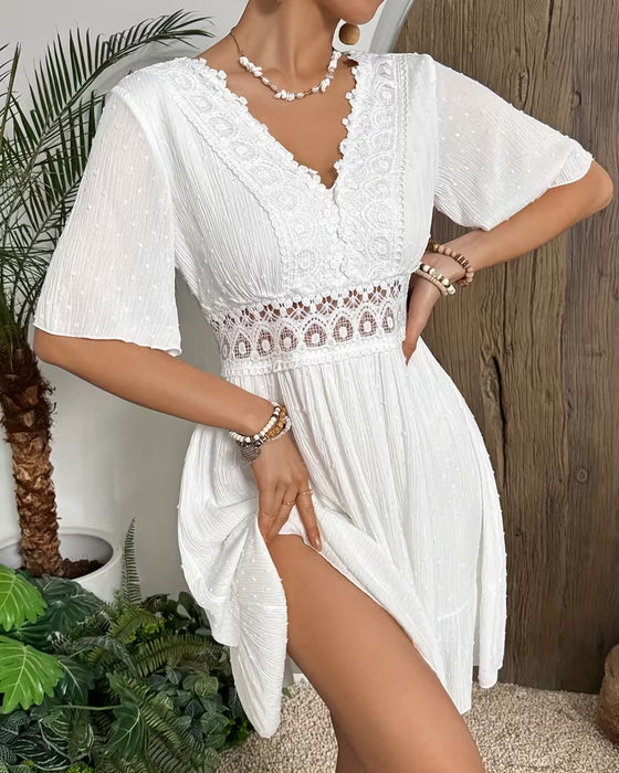 Robe Col En V Dentelle Garniture Taille Coupe A
