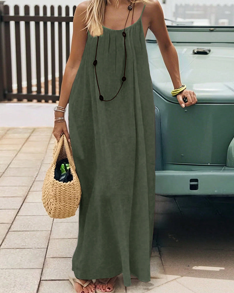 Robe Uni Couleur Plissé Dos Nu Bretelles Spaghetti Maxi
