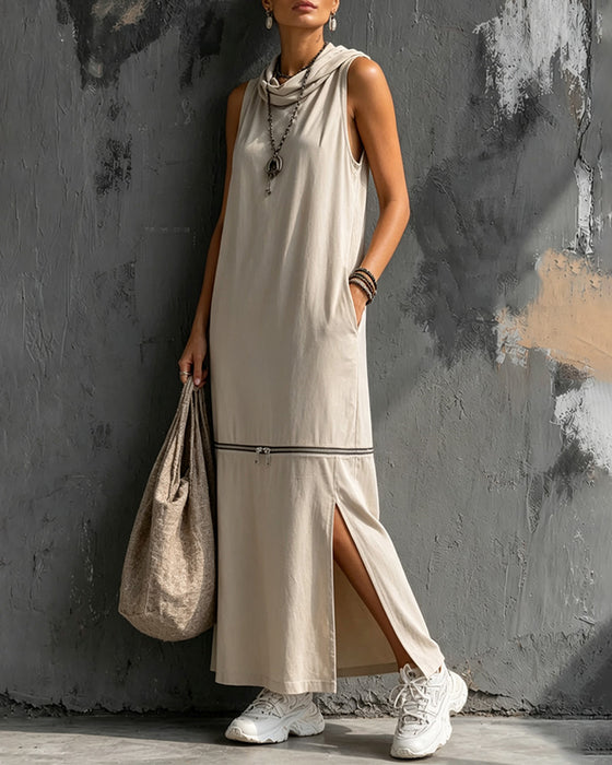 Robe Cowl Encolure Sans Manches Fermeture Éclair Fente
