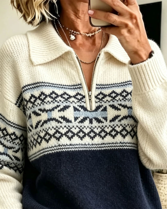 Pullover Revers Fermeture Éclair Motif Diamant Contraste