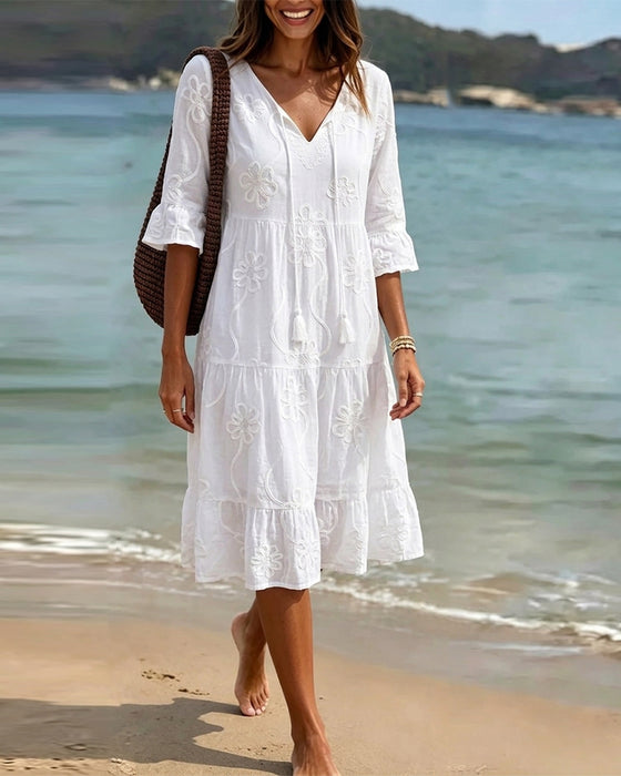 Robe Col V Ourlet A Volant