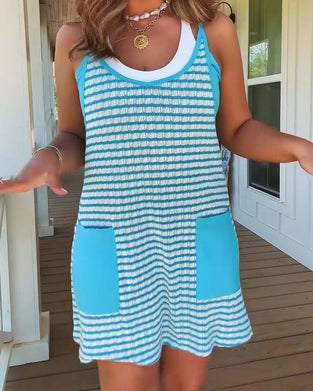 Robe Bretelles Col En U Poche Bloc De Couleur