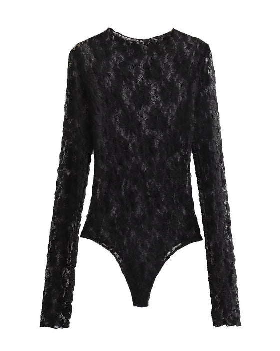 Bodysuit Col Rond Manches Longues Dentelle