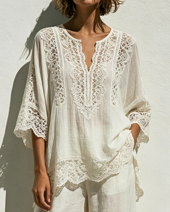Blouse Unie À Col V En Dentelle