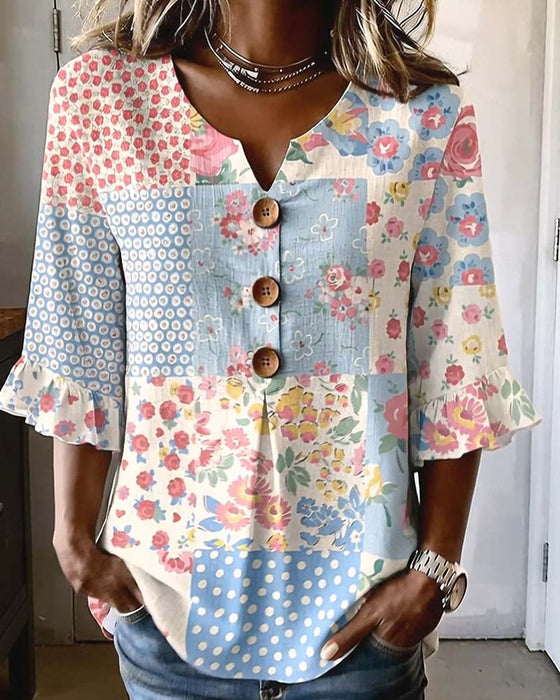 Blouse Manches Courtes Imprimé Floral Patchwork