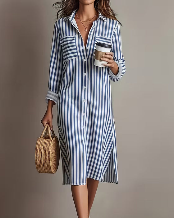 Robe Revers Rayure Verticale Chemise
