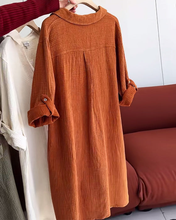 Robe Manches Longues Unie Simple Col Revers