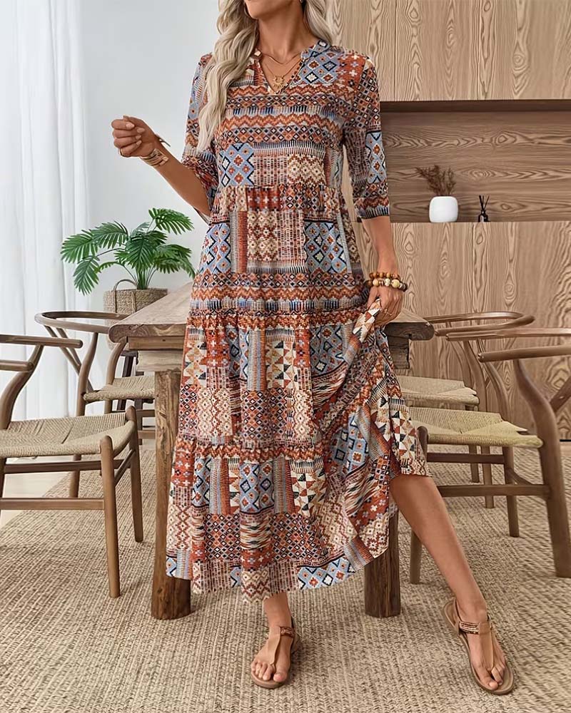Robe Ethnique Imprimé Géométrique Longue