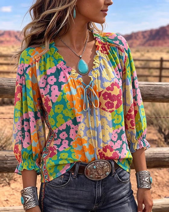 Blouse Florale Col En V Attache Devant Manche Bouffante