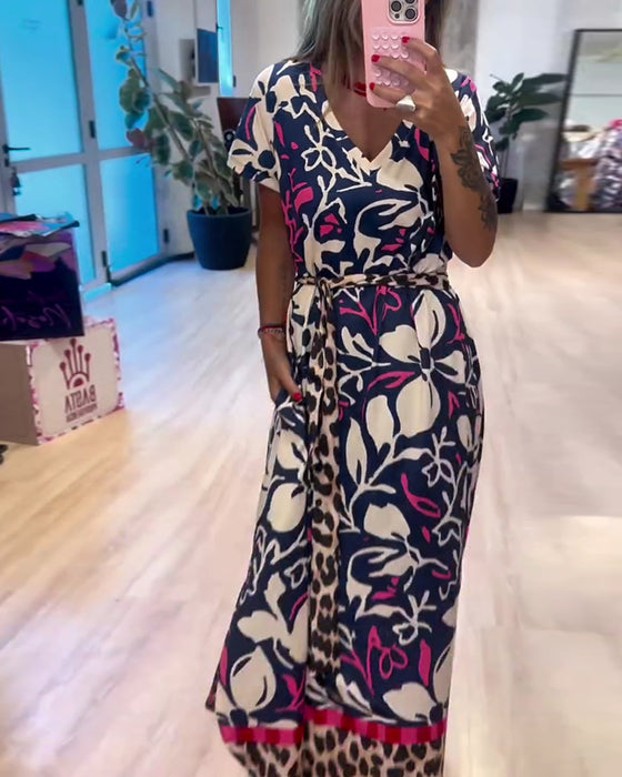 Robe Encolure V Ceinture Nouée Vacances