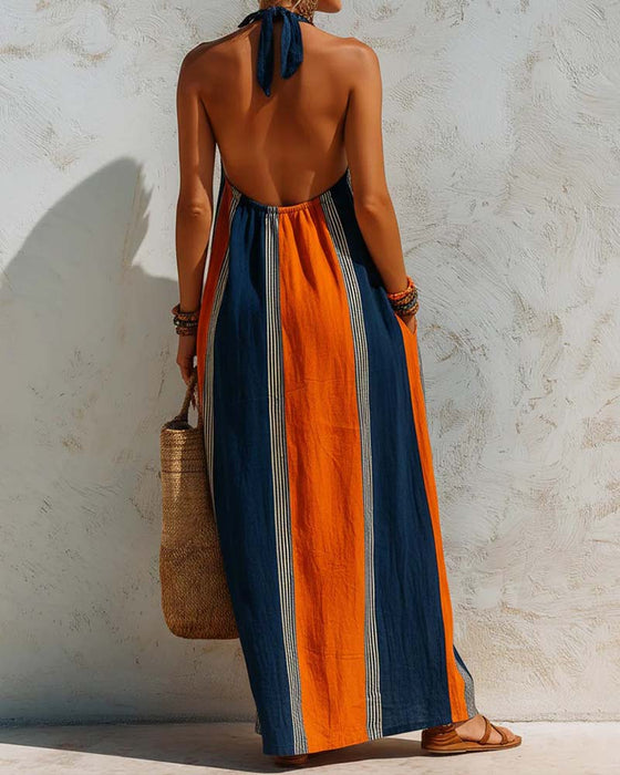 Robe Bloc De Couleur Rayure Verticale Halter