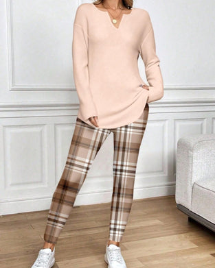 Ensemble Col V Haut Unie + Pantalon Carreau Loungewear