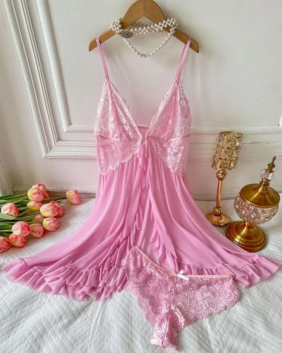 Chemise de Nuit Décolletée & Culotte Décor Nœud Set Femme Sexy Volant Dentelle