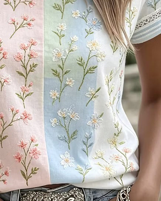 Blouse Dentelle Patchwork Contraste Florale