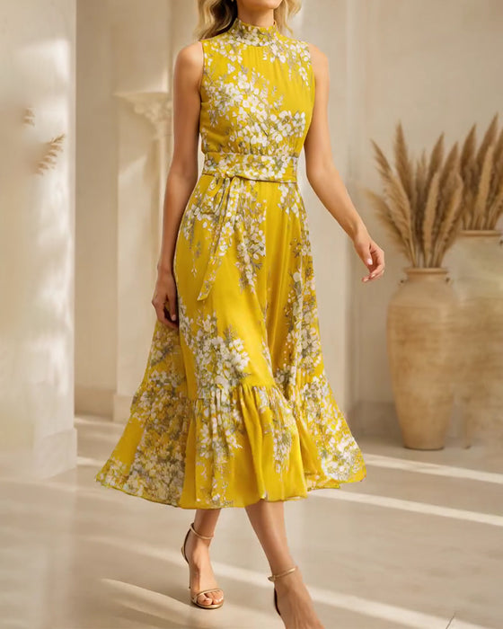 Robe Col Mock Sans Manches Cintrée Florale