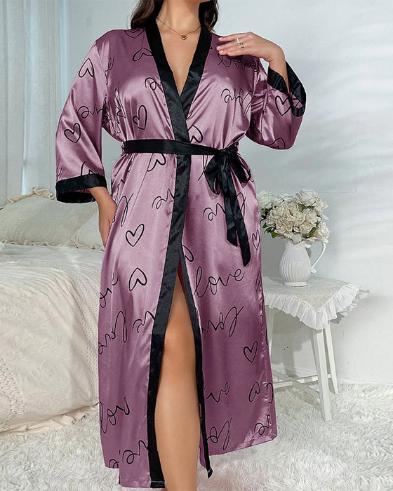 Robe pyjama sexy en imitation soie imprimée, grande taille
