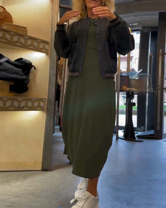 Robe unie à col rond, manches longues et poche