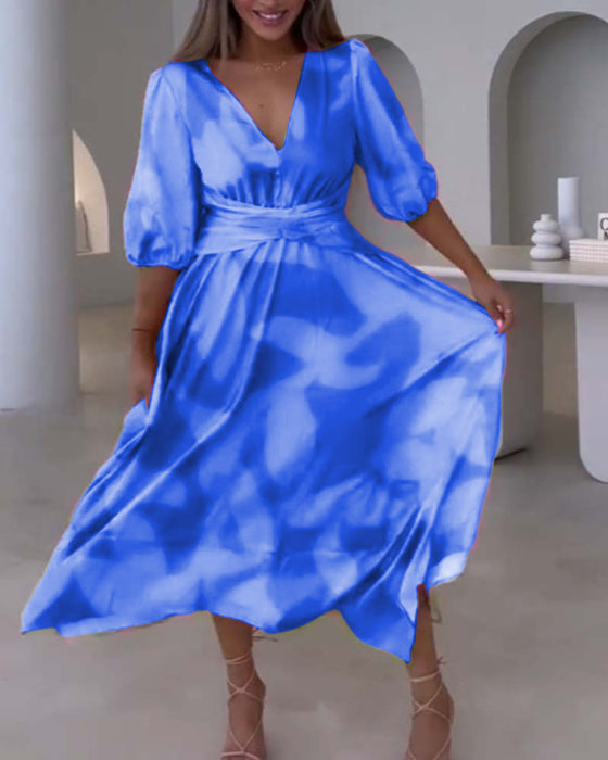 Robe élégante imprimée à manches mi-longues et décolleté en V