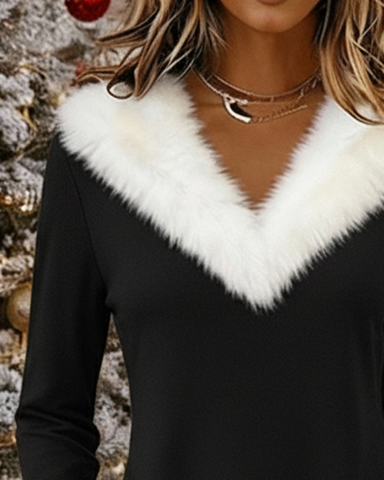 Robe À Col En V Avec Contraste Duveteux