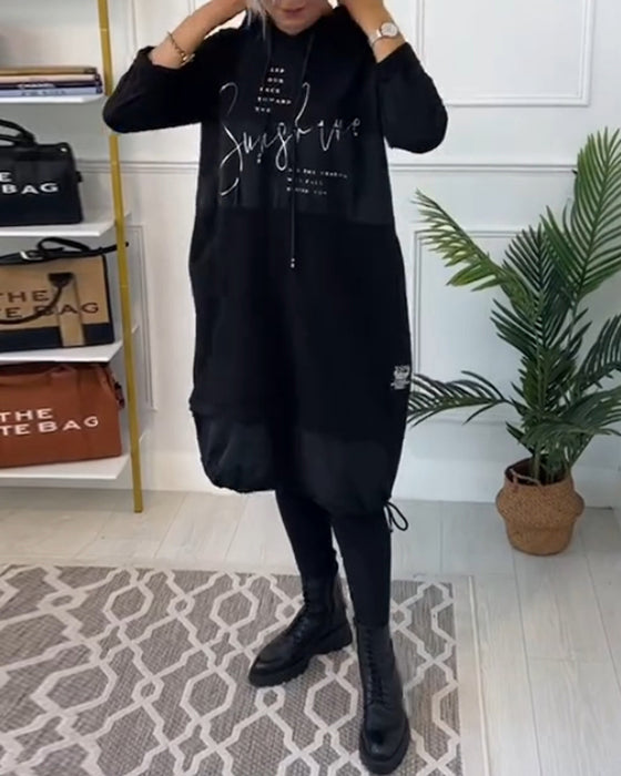 Robe décontractée à capuche avec imprimé lettres en blocs de couleurs et poche