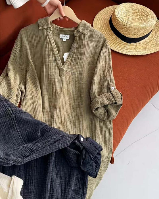 Robe Manches Longues Unie Simple Col Revers