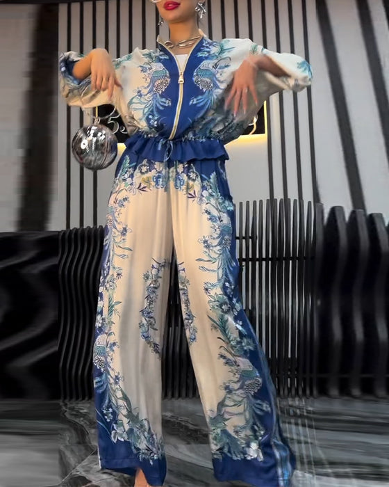 Costume à Pantalon Large Tempérament Col Montant Fermeture Éclair