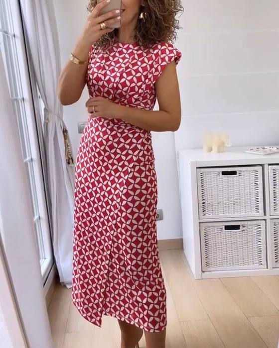 Robe élégante sans manches à col rond et imprimé géométrique