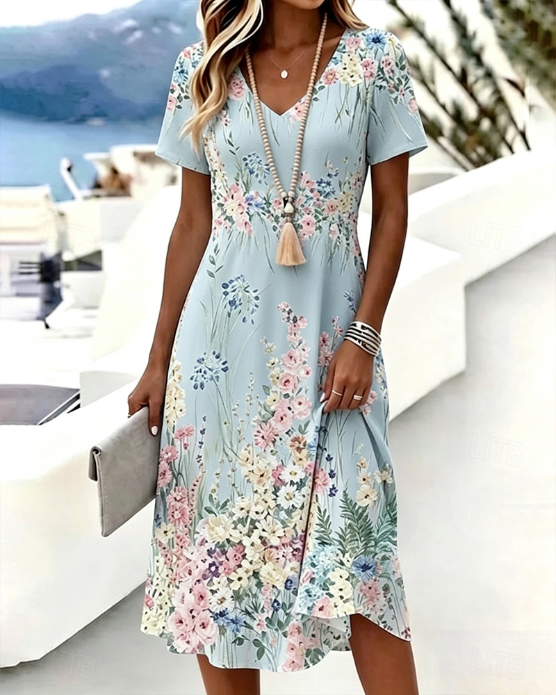 Robe Col V Florale Manche Courte A-Ligne