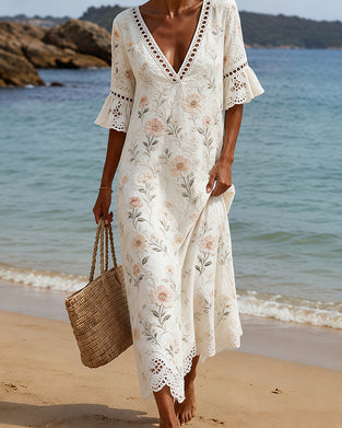 Robe Manches Papillon Évidé Col En V Fleuri Coupe A