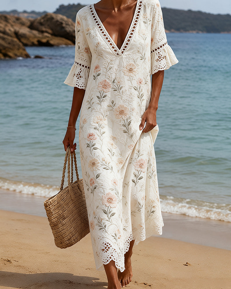 Robe Manches Papillon Évidé Col En V Fleuri Coupe A