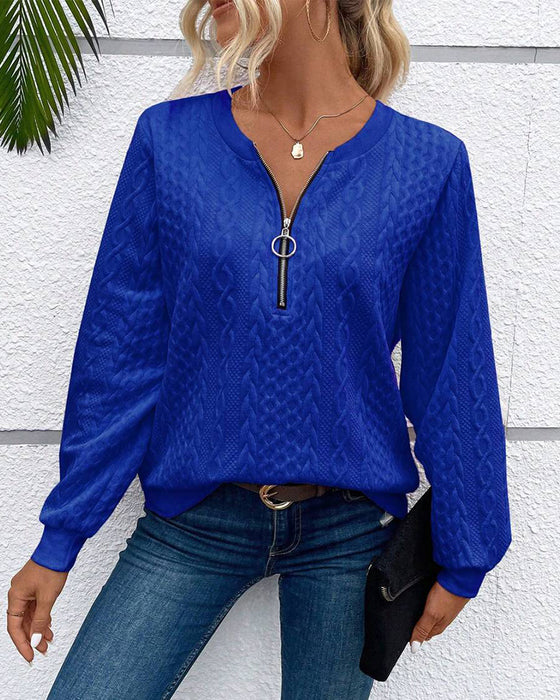 Sweat-shirt décontracté à manches longues et fermeture éclair de couleur unie