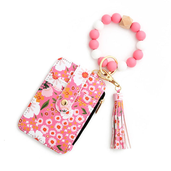 Petit Porte-Monnaie En Cuir Floral Avec Porte-Clés Et Bracelet