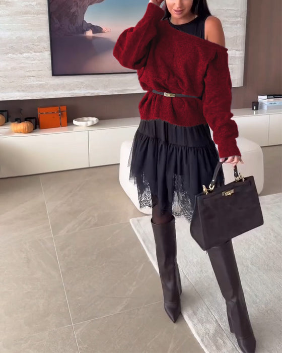 Décolleté Épaules Nues Loose Pull & Ourlet Dentelle Robe