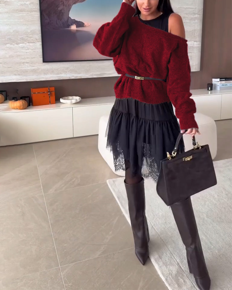 Décolleté Épaules Nues Loose Pull & Ourlet Dentelle Robe