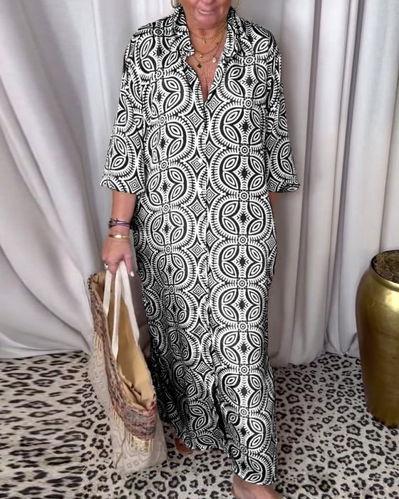 Robe longue imprimée vintage avec poche à revers