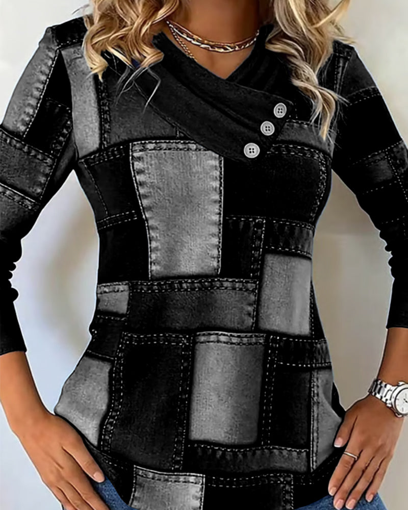 Haut À Manches Longues À Col V Avec Contraste Uni