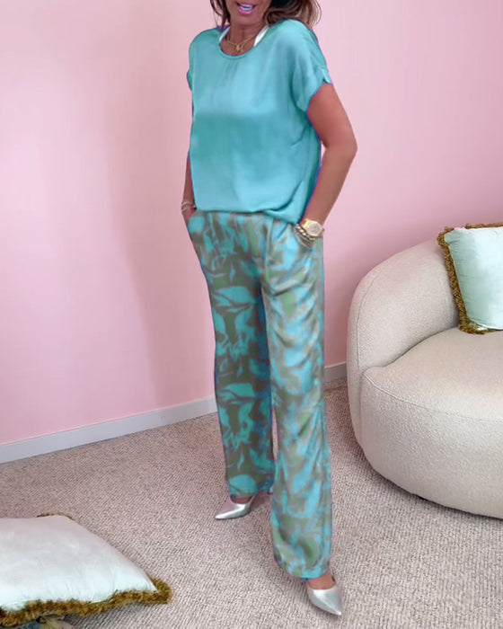 Ensemble décontracté imprimé avec poches et manches courtes