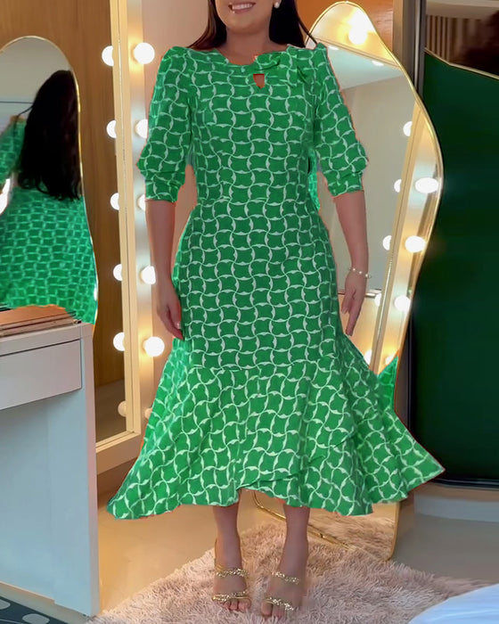 Robe Manches Mi-longues Col Rond Imprimé Taille