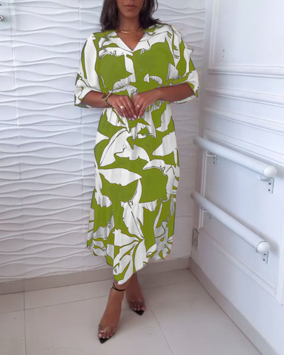 Robe élégante à col en V, manches trois-quarts et cordon de serrage