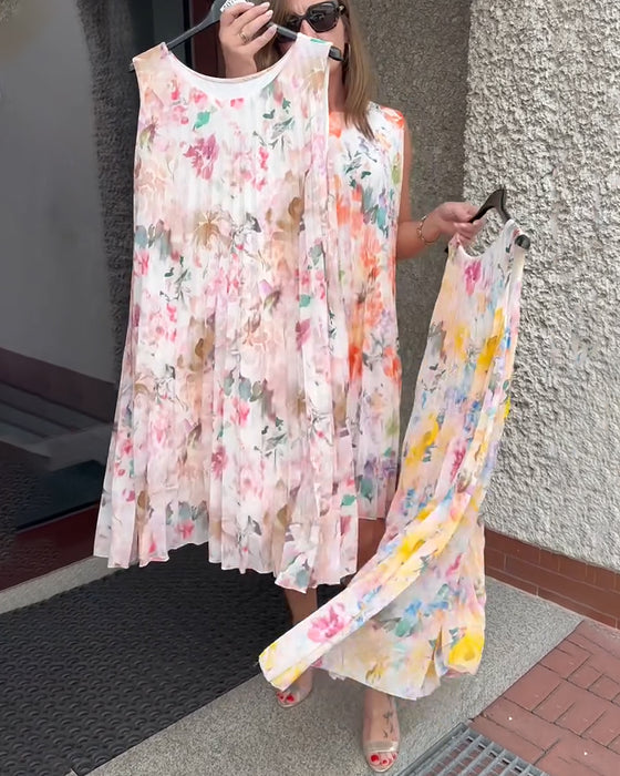 Robe Sans Manches Plissée Fleurie