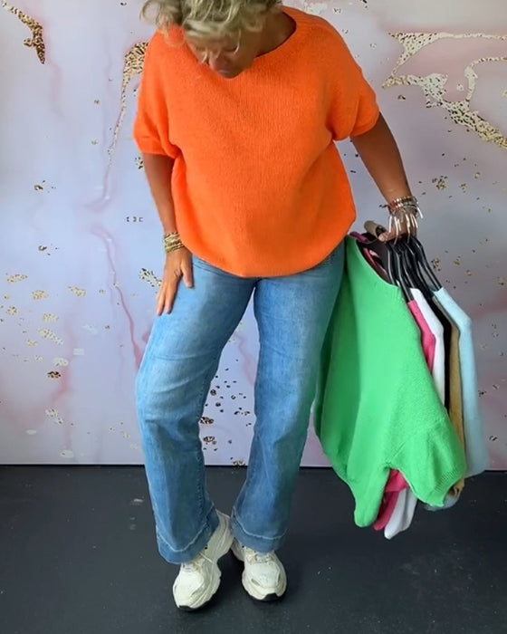 Pull ample décontracté de couleur unie à col rond