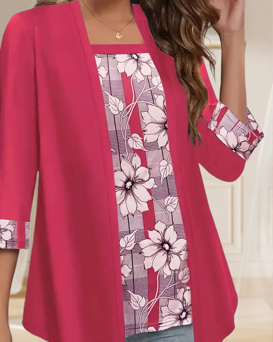 Haut Imprimé Manches Longues Faux Deux Pièces