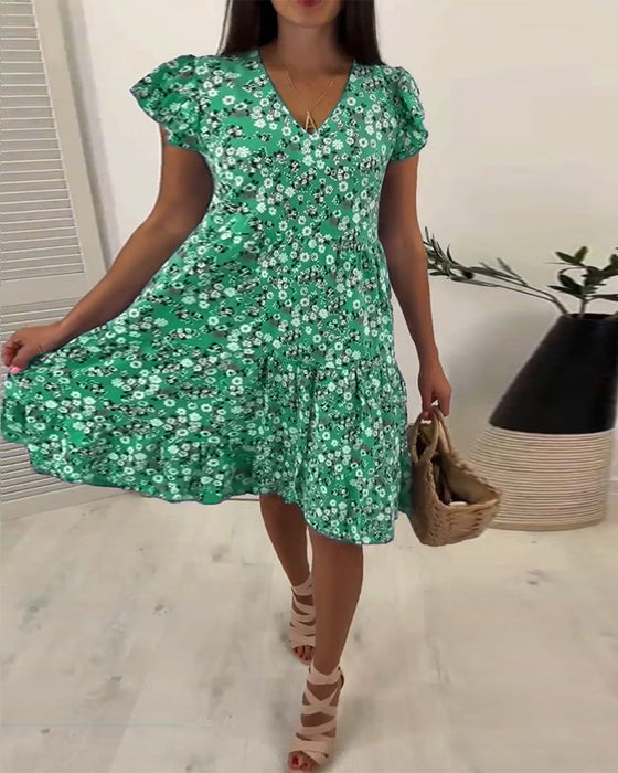 Robe midi fleurie sans manches à col V