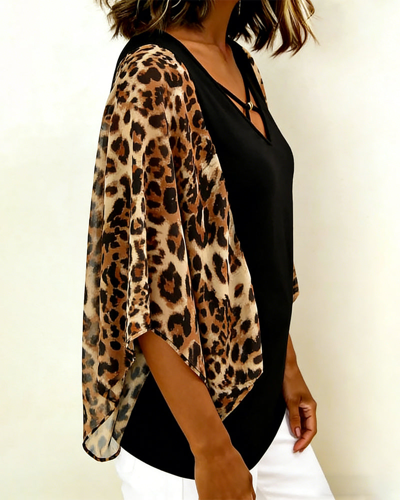 Blouse Manche Chauve-Souris Imprimé Léopard Patchwork